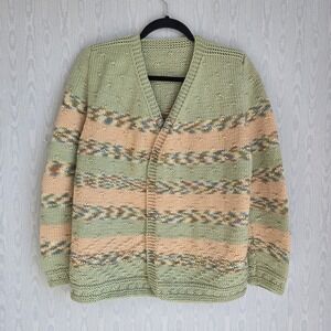 Hand Knit Womens Cardigan Sweater Medium Large Striped Green Beige Grandma